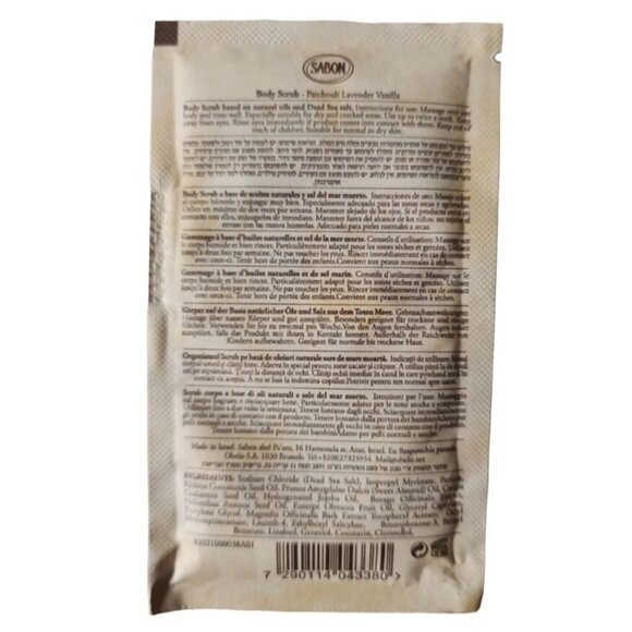 Sabon Body Scrub in Patchouli Lavender Vanilla Natural Dead Sea Salt 0.52oz 15g - Picture 2 of 2